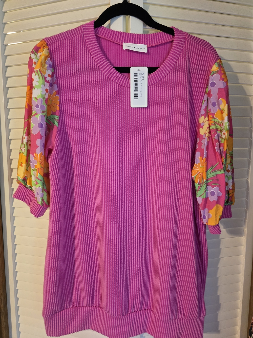 Love Melody Bright Pink Ribbed Tunic with Floral Puff Sleeves